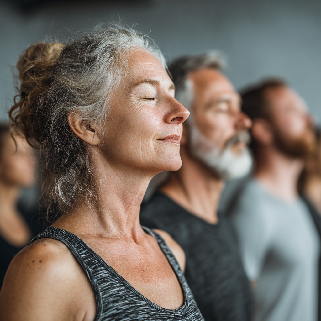 Group of mature adults in their forties and fifties practicing yoga together in bright studio space