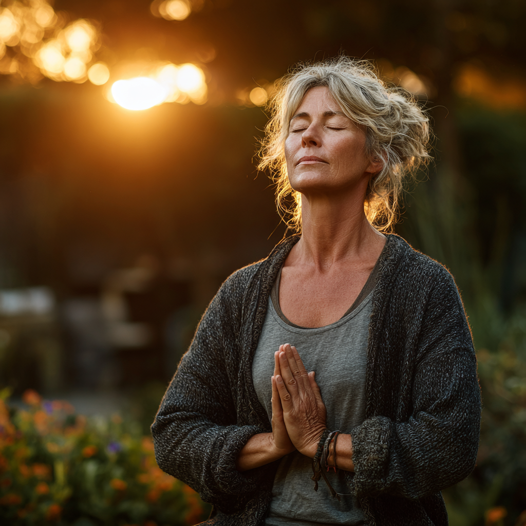 Mature woman in her fifties practicing yoga poses outdoors in peaceful garden setting
