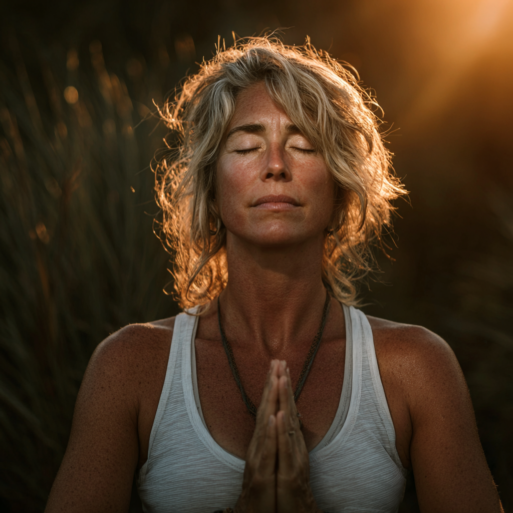 Peaceful woman in her forties practicing yoga in serene natural setting with soft lighting